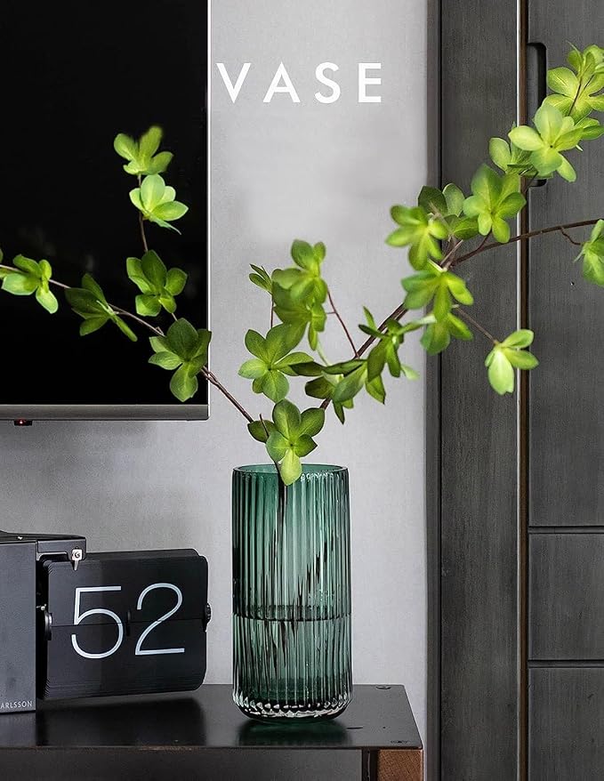 DECORPIA 8 Inch Premium Thickened Green Glass Vase - Ribbed Glass Flower Vase for Rustic Home Decor, Decorative Vases for Flowers for Modern Farmhouse, Ideal for Shelf, Mantle, Table Entryway Décor