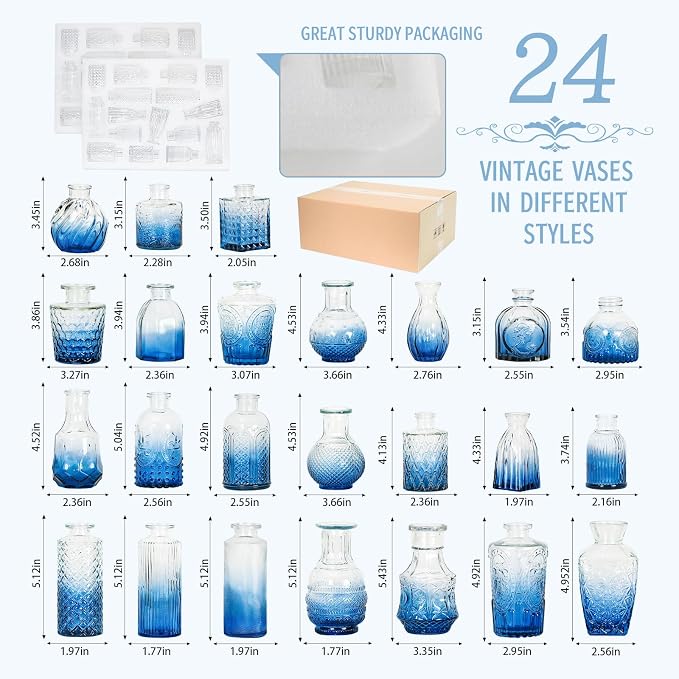 24PCS Mini Bud Vases As Wedding Centerpieces for Tables,Clear Bud Vases for Flowers,Small Flower Vases Suitable for Birthday Party,Anniversary,Wedding Reception,Baby Shower (Blue)
