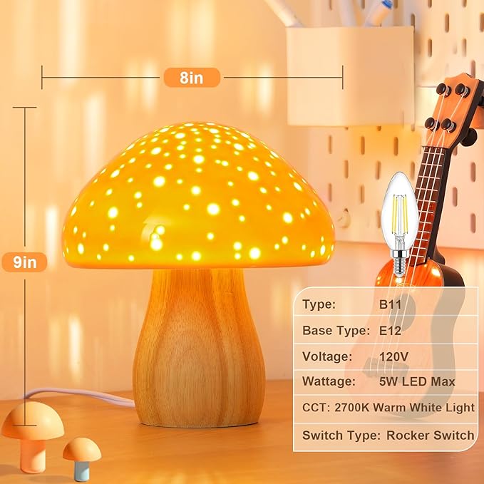 BOHON Mushroom Lamp Ceramic Bedside Table Lamp for Bedroom Orange