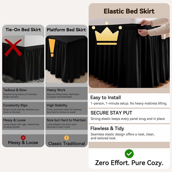 Black Twin XL College Dorm Bed Skirt 32" Drop, Elastic Wrap Dust Ruffle | Raised Bed Fit, Hides Underbed Storage, No Mattress Lifting, Soft Microfiber, Durable Fabric, Machine Washable, Clean Look