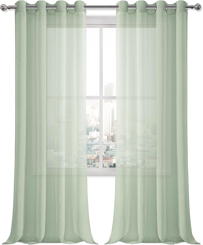 DWCN Sheer Curtains for Living Room Bedroom - Faux Linen Look Voile Drapes Grommet Top Window Curtain Panel 52 x 95 Inches Long, Bean Green, Set of 2 Panels