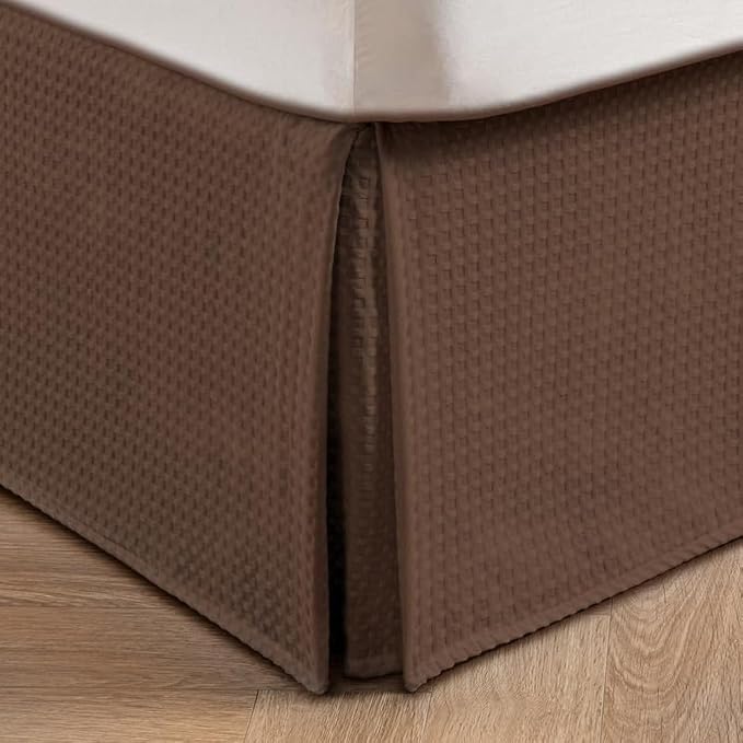 MIYE Pleated Waffle Weave Bed Skirt, Tailored Dust Ruffle 14 Inch Drop Easy Fit, Machine Washable (Brown, Queen - 14" Drop)