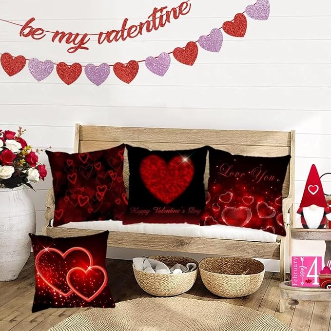 YeeJu Happy Valentines Day Pillow Covers 18x18 Set of 4 Red Love Heart Gnome Pillow Cases Velvet Wedding Anniversary Love You Cushion Covers for Outdoor Couch Sofa Decoration(18 Inch)