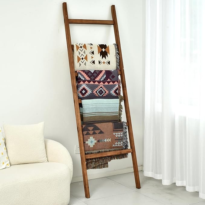 FUIN Blanket Ladder, 24in Wide Rustic Solid Wood Decor Rack, Brown | 6.4 ft high and 6 rungs, farmhouse quilt display holder, organize towel and scarf, leaning wall, bathroom and living room use