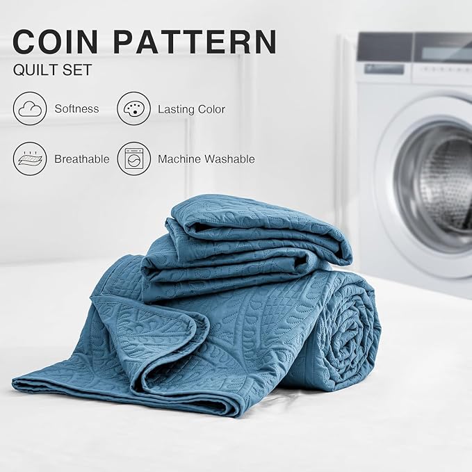 Love's cabin California King Size Quilt Bedding Set Misty Blue Bedspreads - Cal King Lightweight Bedspread Comforter - Coin Pattern Coverlet for All Season - 3 Pieces (1 Quilt, 2 Pillow Shams)