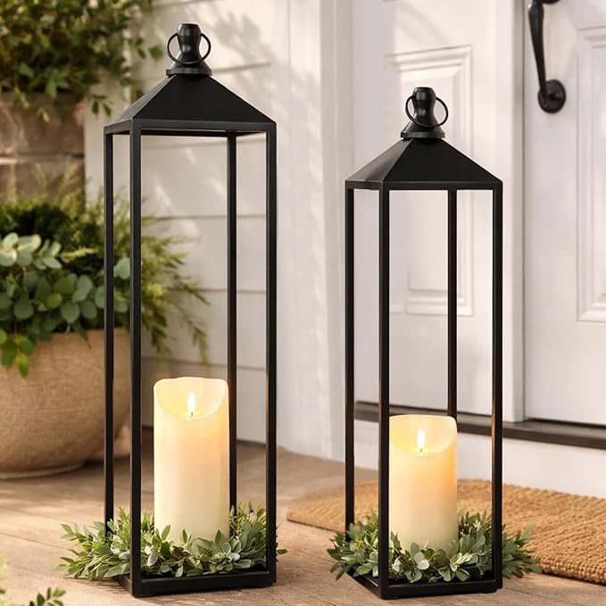 22'' 19'' Large Lanterns Decorative Outdoor Indoor, Set of 2 Candle Lantern | Black Metal Floor Lanterns Decorative for Home Decor, Mantle, Fireplace, Patio, Porch, Garden, Modern Farmhouse No Glass