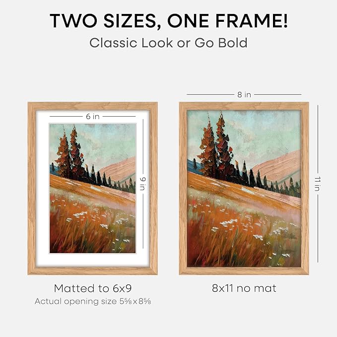 Homeforia 8x11 Natural Oak Picture Frame, High-End Wood, 6x9 Mat, Glass