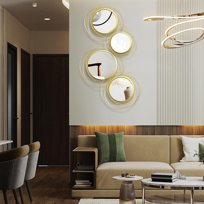 Hicarer 4 Pcs Decorative Wall Mirror Round Modern Circle Mounted Mirror Metal Wall Art Decor for Bedroom Living Room Entryway Dining Room Hallway(Gold)