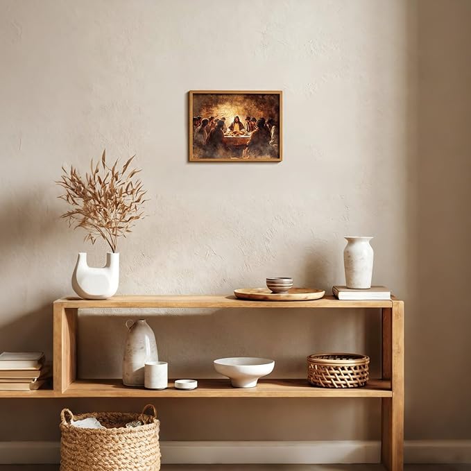 AUUAUU The Last Supper Wall Art, Wood Framed Jesus Religious Canvas Painting, Vintage Christian Wall Decor for Living Room Bedroom, 12x16 Inches Ready to Hang