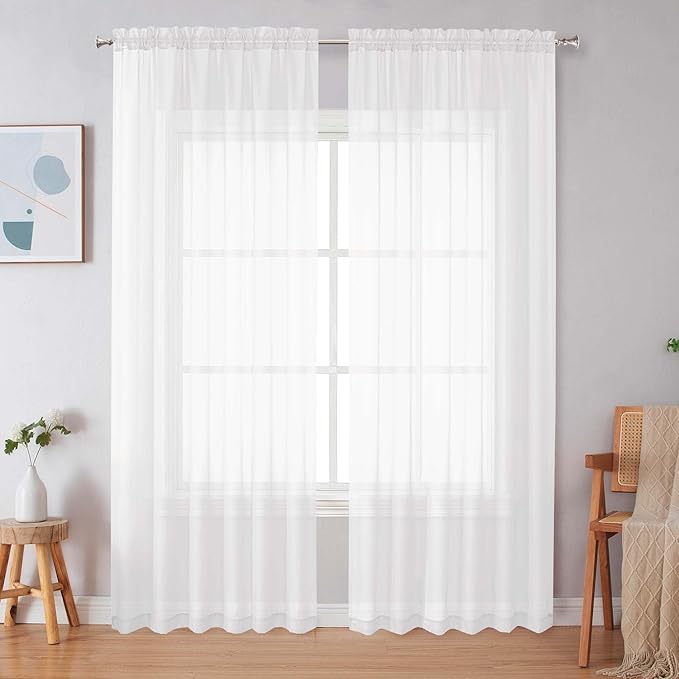 Simplebrand White Sheer Curtains 84 Inches Long, Light Filtering Rod Pocket Solid Color Window Sheer Curtain Panels, Elegant Curtains & Drapes for Living Room, Bedroom 2 Panels (White, 59" W x 84" L)
