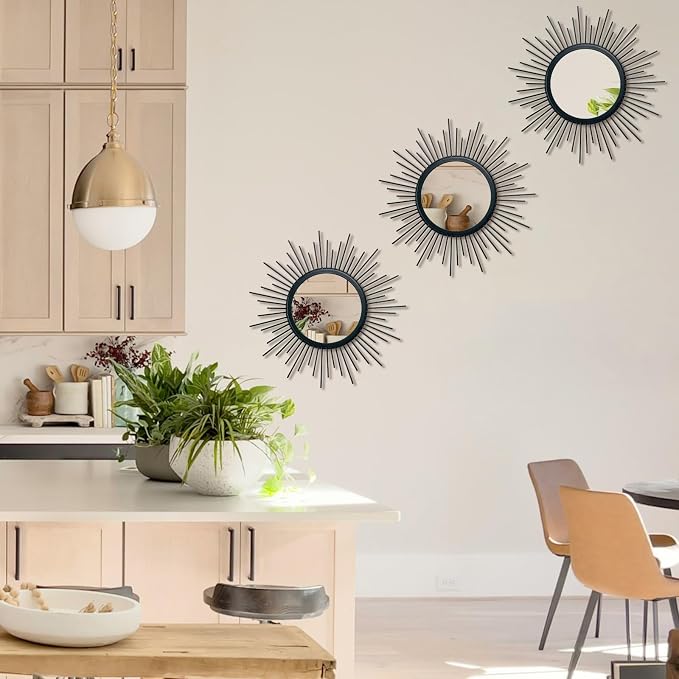3 Set Sunburst Mirrors for Wall Decor Living Room Bedroom Bathroom Dining Room Metal Boho Sunburst Wall Mirror Set Gold Metal Vintage Circle Art Pack - Black 11.8 in