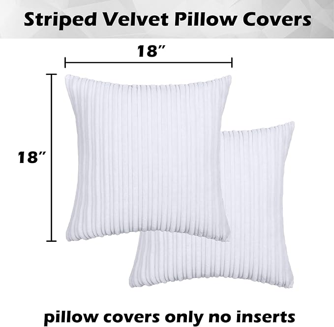 Kevin Textile Striped Corduroy 18”x18” Pillow Covers 2 Pack, Pure White