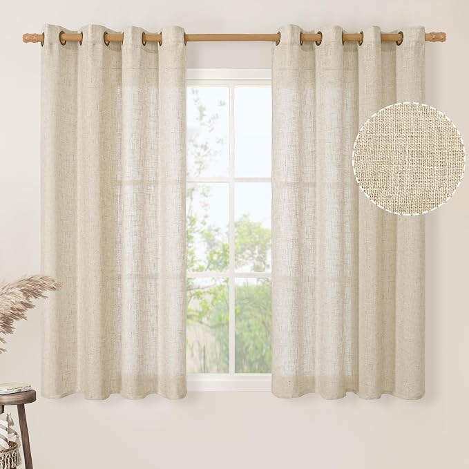 54 Inch Length Linen Curtains for Bedroom 2 Panels, 52 X 54 Inch | Light Filtering, Semi Sheer Panels, Neutral, Short Decorative, Window, Drapes for Kitchen, Bronze Grommet, Linen