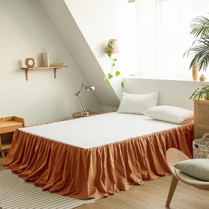 BISELINA French Linen Bed Skirt with Pleated Frills 14-Inch Tailored Drop Natural Flax Cotton Blend Dust Ruffle Soft Cozy Farmhouse Bedding (14" King, Rust)