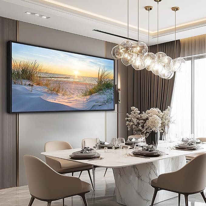 MHARTK66 Canvas Wall Art For Living Room Large Wall Decor For Office Bedroom Poster Art Prints Sun Seascape Wall Painting Blue Ocean Pictures Artwork For Walls Black Wood Framed 24" X 48"