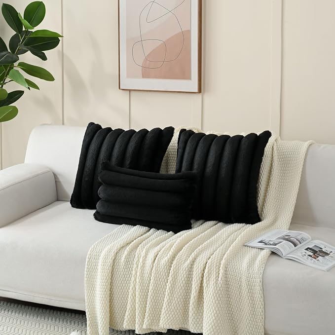 HAUSSY Pack of 2 Pillow Covers 20x20 Inch, Faux Fur Decorative Couch Throw Pillows Soft Striped Plush Cushion Covers Home Decor Cute Furry Pillowcase for Living Room Sofa Bed, Black (Covers Only)