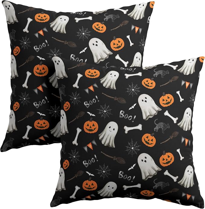 Halloween Throw Pillow Covers 18X18 Inch Set of 2 Boo Cute Ghost Orange Pumpkins Bat Web Decorative Black Pillow Cases Holiday Cotton Linen Cushion Cover for Home Sofa Porch Outdoor Decor