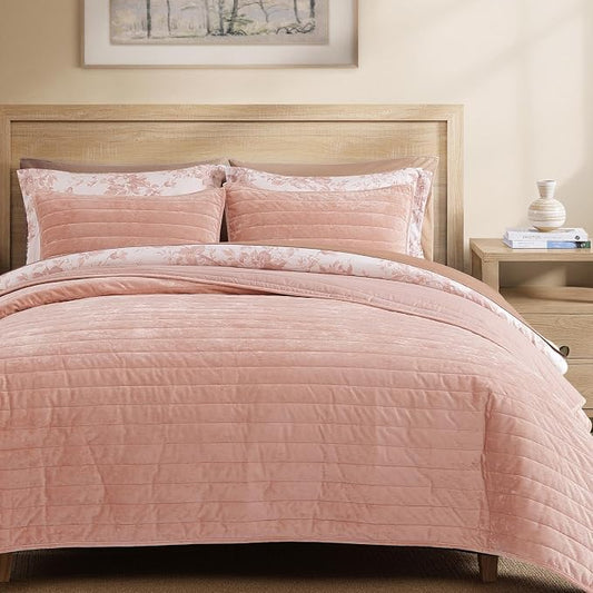 Velvet Queen Quilt Set-Clay Pink Luxurious Velvet Striped Channel Comforter | Soft Coverlet with 2 Pillow Shams for All Seasons, Suitable for Bed, Couch, 3 Pieces, 90"x94"