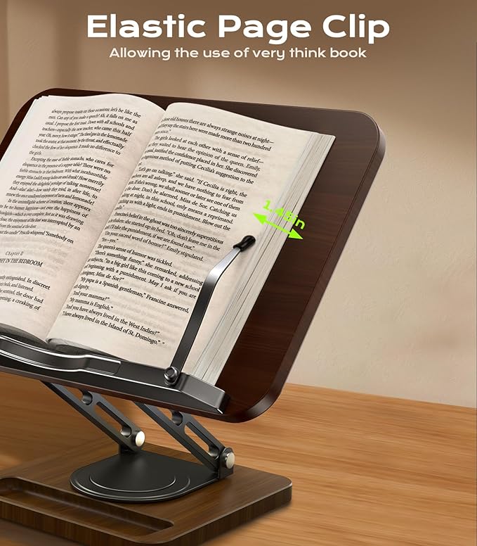LOXP Ergonomic Book Stand for Reading, 360° Rotating Holder with Page Clip | Adjustable height angle, Storage Base, Hands-free, anti-slip, Fits tablets cookbooks magazines laptops, wood and metal