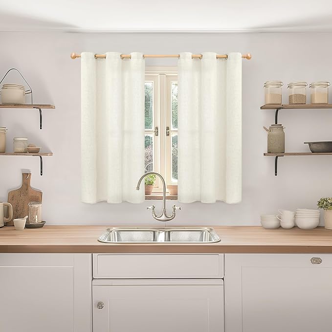 YoungsTex Linen Curtains 40 Inches Long, Short Drapes Light Filtering with Grommet Beige Natural Privacy for Bathroom Kitchen Windows, 42 X 40 Inch, 2 Panels