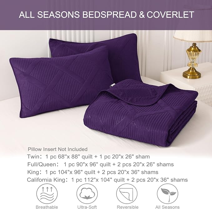 Exclusivo Mezcla Quilt King Size, Deep Purple | Soft Bedspreads with 2 Pillow Shams, Modern Striped Pattern, Lightweight Bedding Set Coverlets for All Seasons, 104x96 Inch