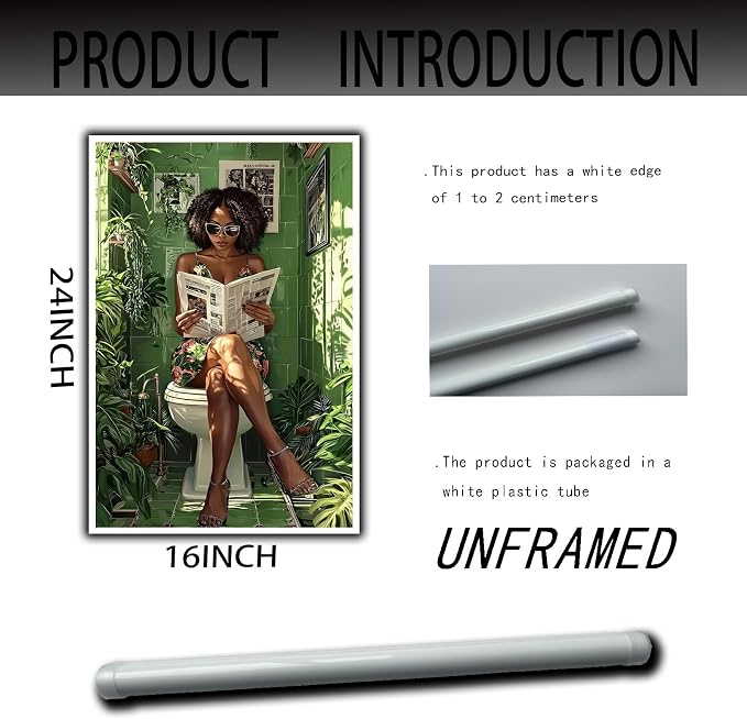 YUECOSHMAO African American Bathroom Decor Wall Art Dark Green Bathroom Mural Art Black Woman Reading in Green Botanical Toilet Poster Black Stylish Aesthetics Room Decoration 16X24 Inch Unframed