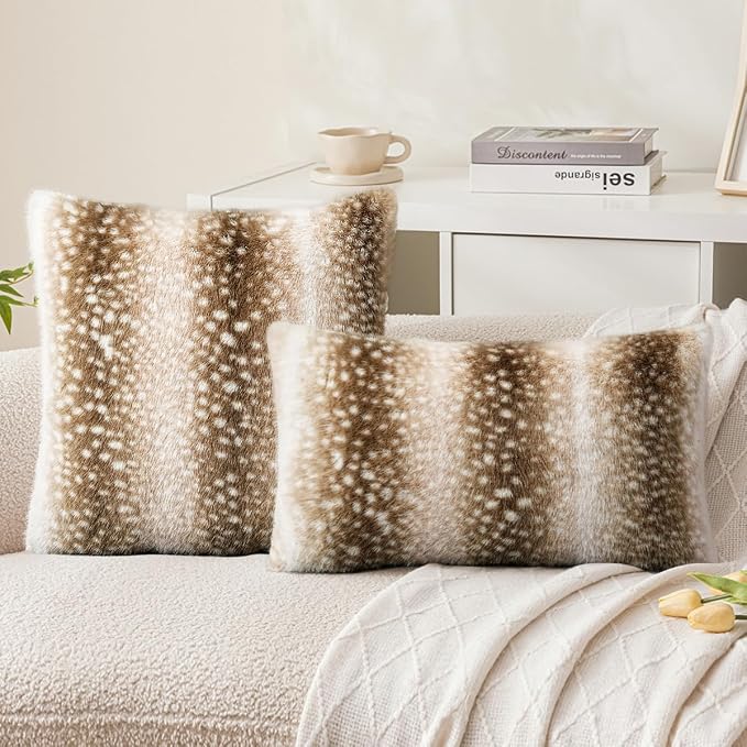 cygnus Faux Fur Deer Print Pillow Covers 20x20 | Antelope Pillow Covers Fluffy Fuzzy Animal Print Decorative Square Cushion Covers for Couch Sofa Living Room Bedroom Decor