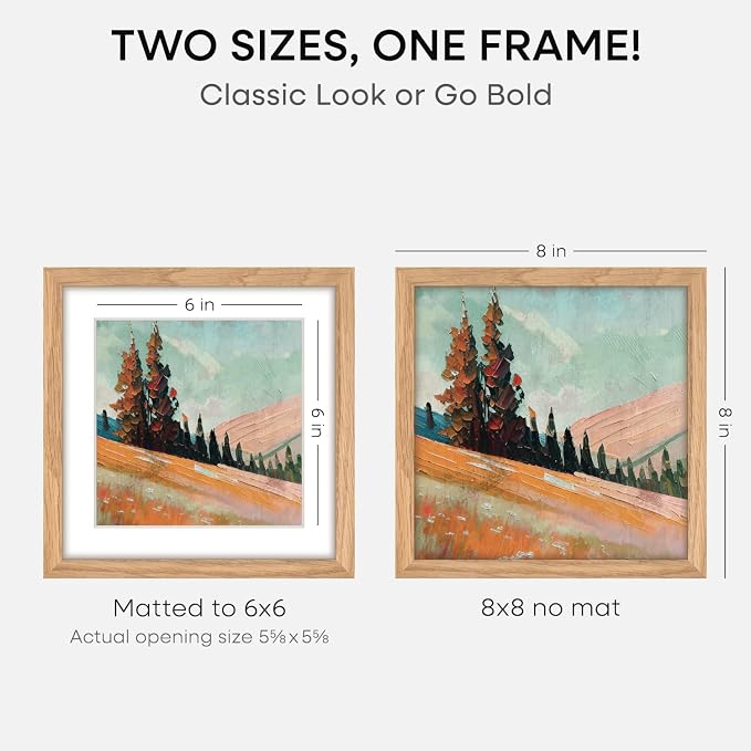 Homeforia 8x8 Natural Oak Picture Frame, High-End Wood, 6x6 Mat, Glass