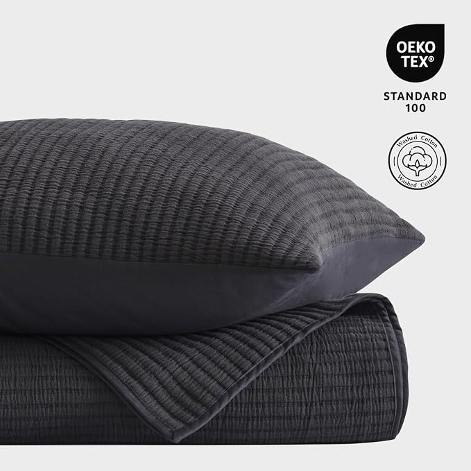 EVERGRACEHOME Cotton Ribbed Matelassé Coverlet Set, King, Washed Black | Soft Lightweight Bedspread, 3 Pieces, Breathable Cozy Oversized Quilted Bedding Set for All Seasons, with 2 Pillow Shams