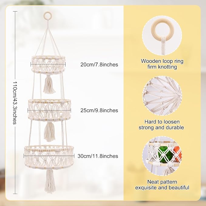 3 Tier Hanging Basket, Macrame Hanging Basket for Fruit and Vegetable Storage, Cotton Rope Woven Baskets for Kitchen, Decorative Boho Decor Hanging Plant Holder