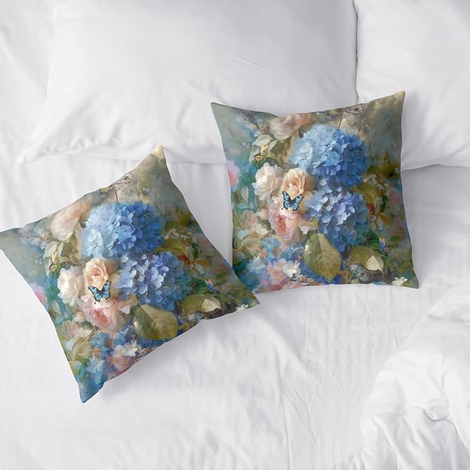 Vintage Rose Hydrangea Pillow Covers Oil Painting Floral Throw Pillow Covers Spring Summer Pillow Case 22x22 Blue Pink Flowers Cushion Case for Living Room Couch Sofa Set of 2