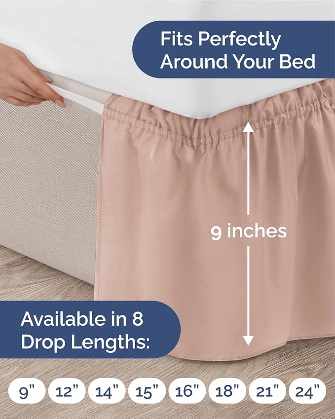 Wrap Around Dust Ruffle Bed Skirt - Mauve - for King Size Beds w/ 9 Inch Drop - Easy Fit Elastic Strap - Adjustable Pleated Bedskirt w/Brushed Fabric - Wrinkle & Fade Free - Women, Men, Kids & Teens