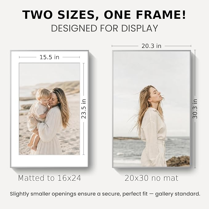 20x30 Poster Frame Silver, Aluminum Metal 20 x 30 Frame with Removable Mat, 20 by 30 Silver Picture Frame Matted to 16x24 Photo, Real Tempered Glass for Home and Office Gallery Wall, 1 Pack