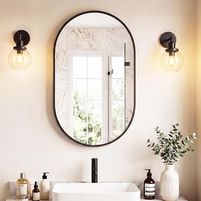Sweetcrispy Oval Bathroom Wall Mirror, Vanity Mirror, 24x36 Inch | Metal Frame Tempered Glass, Over Sink Living Room, Bedroom Entryway Hang, Horizontal or Vertical, Black
