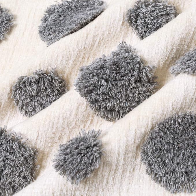 PLWORLD Boho Gray Pillow Cover 20x20, Tufted Chenille Cushion Case with Pom Poms & Tassels, 1PC Cover Only, No Insert