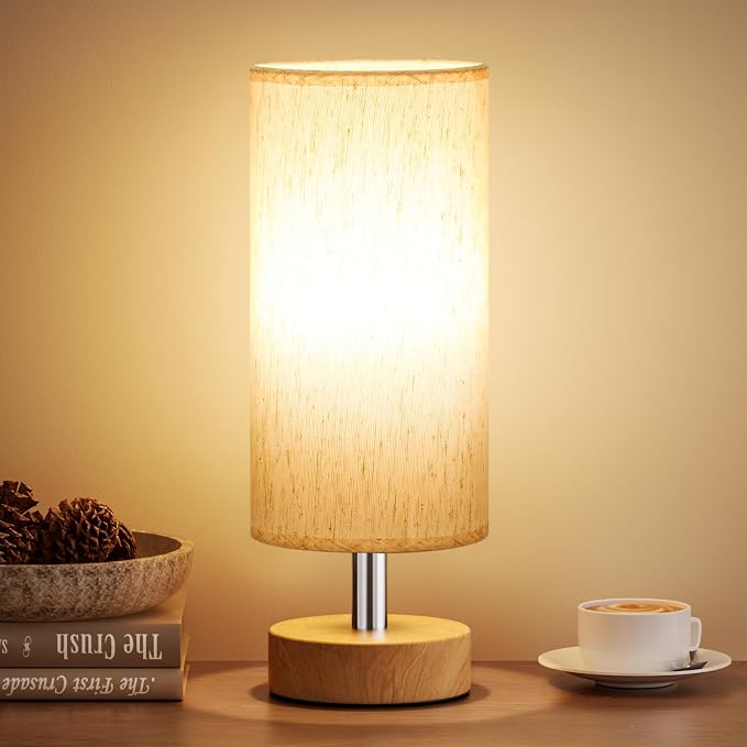 Table Lamp for Bedroom（Cream Shade - Wood Base, 11.6" Inline Control）
