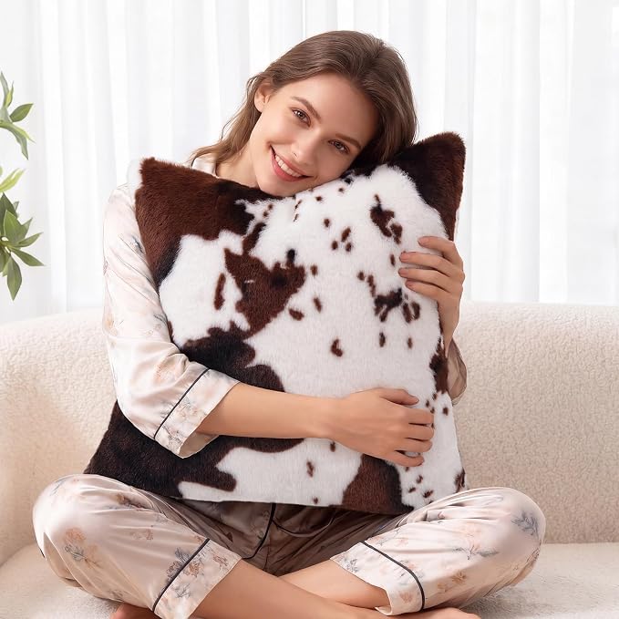 cygnus Cow Print Throw Pillow Covers 18x18 inch | Set of 2,Fluffy Fuzzy ，Faux Fur Throw Pillow Covers for Couch Sofa Living Room Bedroom Decor
