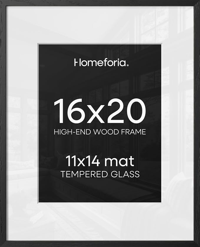 Homeforia 16x20 Black Oak Picture Frame, High-End Wood, 11x14 Mat, Glass