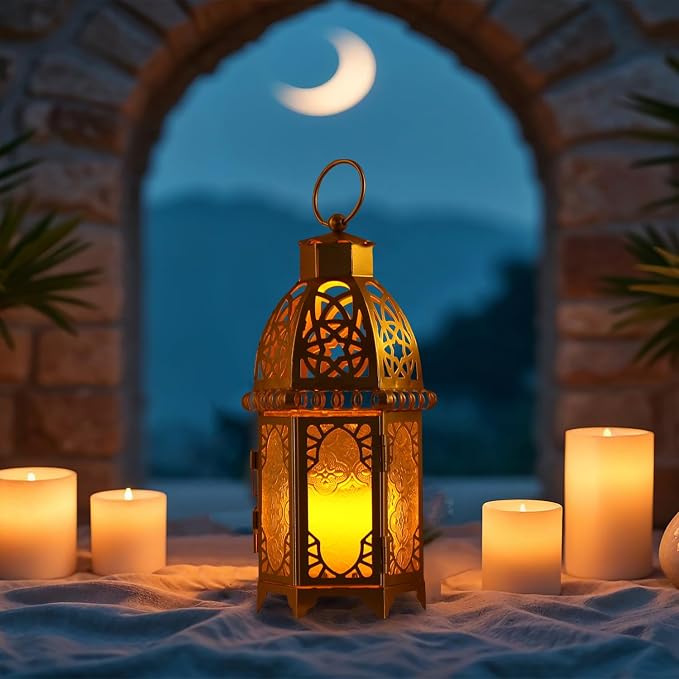 Moroccan Lanterns Decorative Indoor & Outdoor, 12.8’’ Medium Size Golden Metal Hanging&Tabletop Candle Holder Decor, Halloween Christmas Ramadan Decorations for Home Porch Patio (Golden)