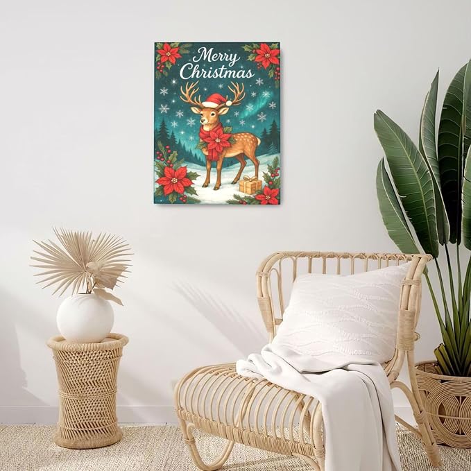 Reindeer Merry Christmas Wall Art Winter Reindeer Deer Poinsettia Canvas Wall Decor Elk Pictures Painting Print Framed Artwork Decorations Gifts for Living Room Bedroom Office 16"x20"