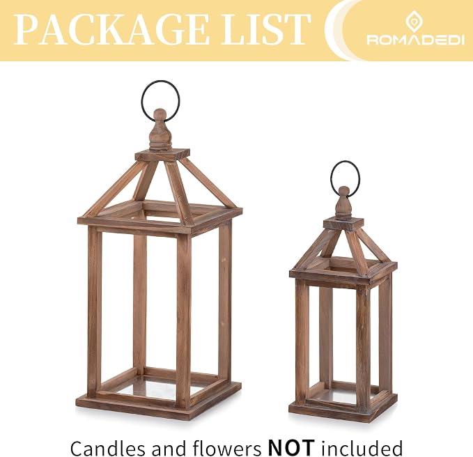Romadedi Wood Candle Lantern Decorative, Brown, Rustic Decor Set of 2 | Farmhouse Wooden Lanterns, Decorative Candle Holder, Wedding Table Centerpiece, Indoor Outdoor, Fireplace Decorations