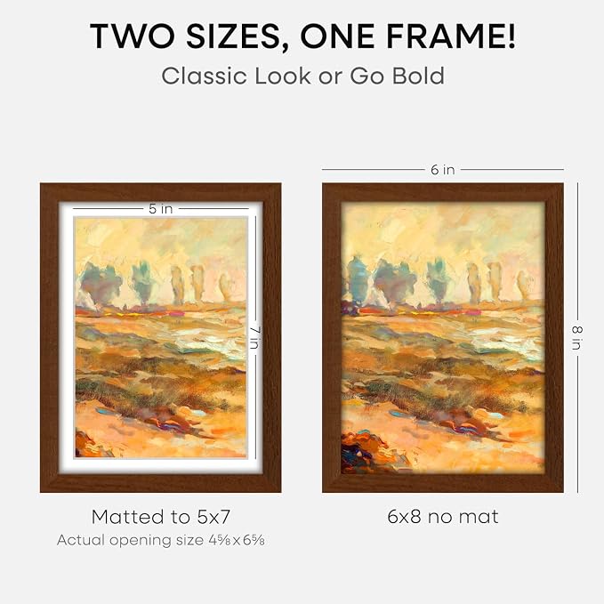 Homeforia 6x8 Brown Oak Picture Frame, High-End Wood, 5x7 Mat, Glass