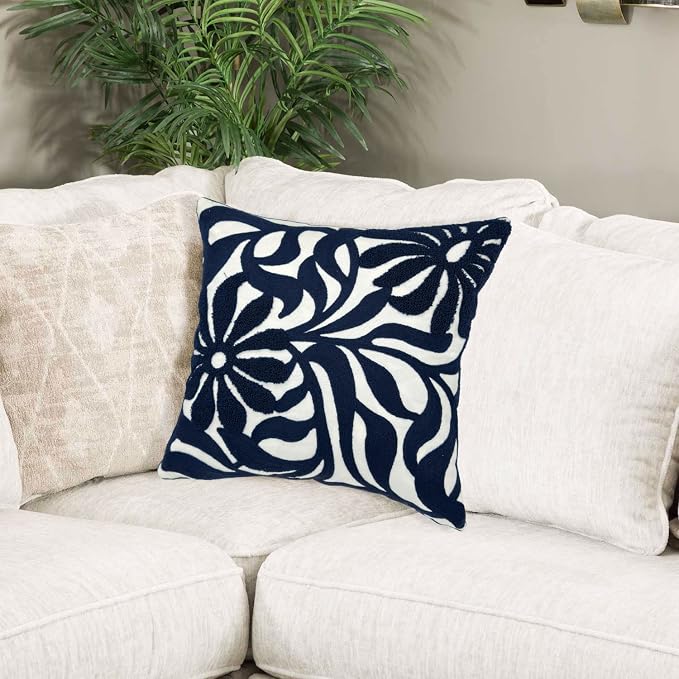 Alysheer Floral Embroidered Throw Pillow Cover 18"x18" 1pc, Navy Blue