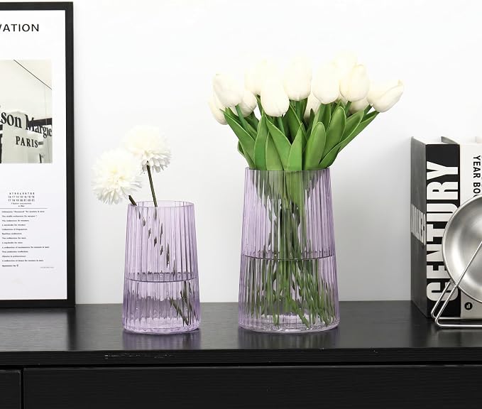 Ribbed Flower Vases Set of 2, Purple Vases for Flowers, Flower Vase for Bouquet, Modern Ribbed Glass Vase for Living Room, Bedroom, Dining Table, Office, Wedding, Centerpieces