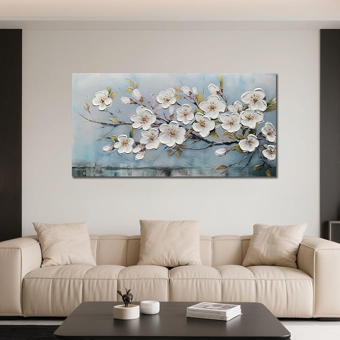 Anolyfi Cherry Blossom Flowers Textured Wall Art for Living Room 58"x29" | HD Print and Hand-painted Textured, Easy to Hang,Durable Colorfast, Large Floral Wall Art for Dining Room Office Home Decor