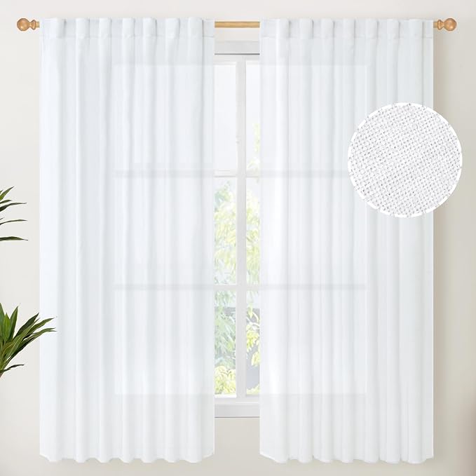 YoungsTex White Linen Curtains 63 Inch Length 60 Inch Wide, Semi Sheer Light Filtering Window Drapes Extra Wide with Back Tab Rod Pocket for Living Room Bedroom Rustic Country, 2 Panels