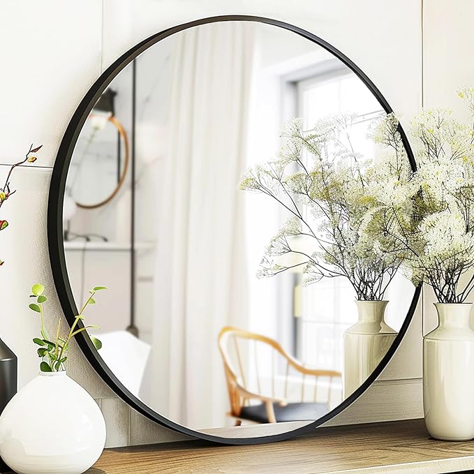 18 inch Round Mirror, Small Circle Mirror, Matte Black Metal Frame | Durable, Rust-resistant, No Distortion Mirror, Easy Installation, Suitable for Vanity, Nursery, Bedroom, Bathroom