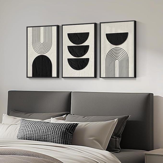 Framed Boho Black and White Abstract Wall Art Set, 3 Piece Canvas Prints | Black Beige Paintins, Modern Minimalist Artwork, Geometric Pictures, Living Room Bedroom Hallway Office Wall Decor 16x24 Inch
