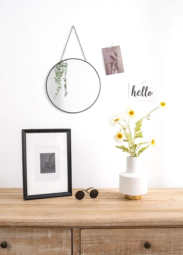 Dahey 11.8" Small Circle Round Office Wall Hanging Mirror with Chain, Black | Anti-Scratch Velvet Back, Easy to Hang, Metal Frame, Nordic Minimalist Boho Wall Decor, for Bathroom Bedroom Living Room Dorm