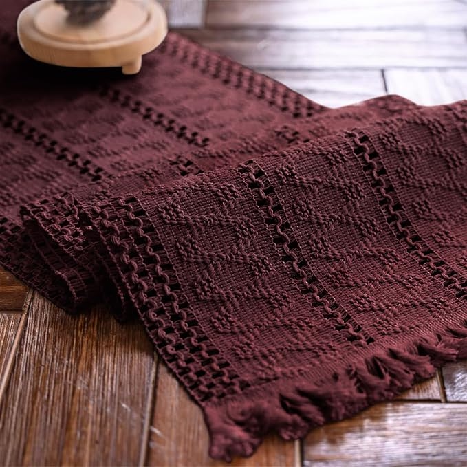 Macrame Table Runner Burgundy Boho Table Runners with Tassels 12x60in | Alynsehom Hand Woven Cotton Table Runner Rustic Farmhouse Table Runners for Bohemian Kitchen Dining Table